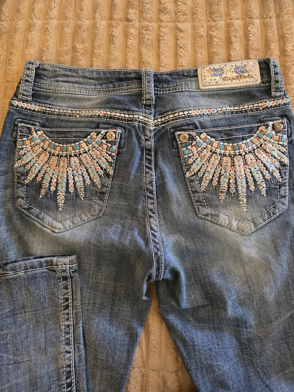 Grace In LA Easy Fit Bootcut Women's Size 26 Blue Jeans with Feather Detail